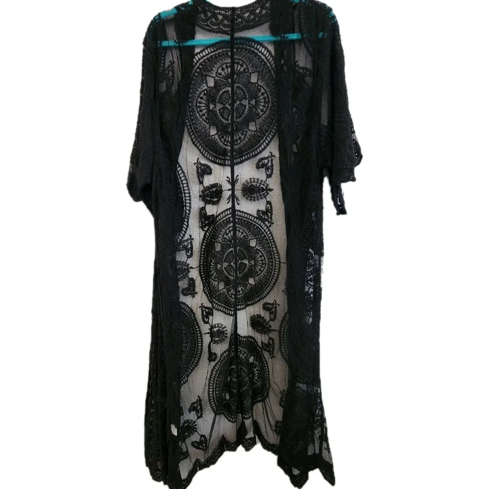 Black Lace Cardigan Mesh Open Front Witchy Whimsigoth Dark Fairy Beach Coverup M - Picture 5 of 7